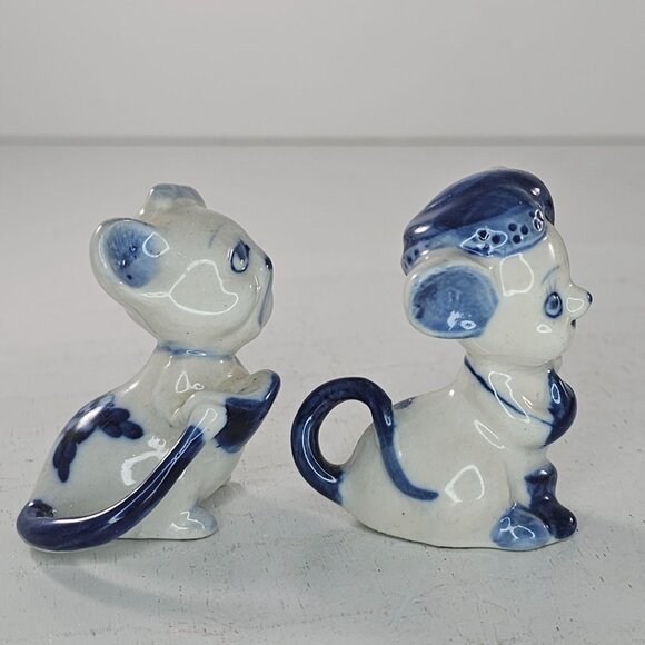 Vintage Blue White Ceramic Mouse Figurines Miniatures Collectible Set Of 2 - Picture 2 of 6